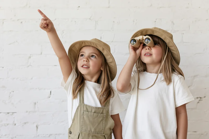 Two young girls playing explorer, one pointing upward, the other looking through binoculars against a white brick wall