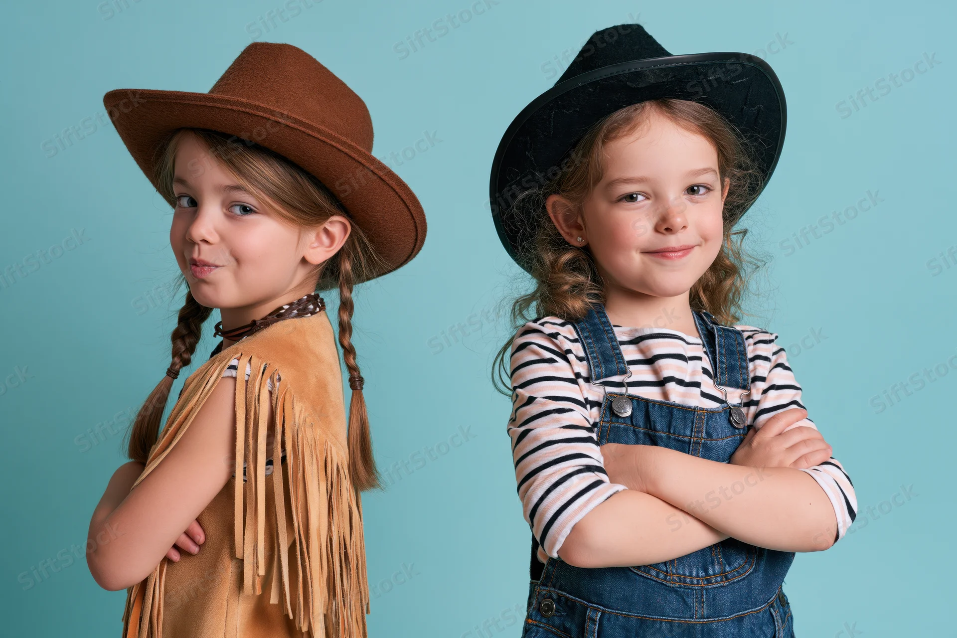 Two young girls in cowboy costumes posing back to back with arms crossed against a turquoise background