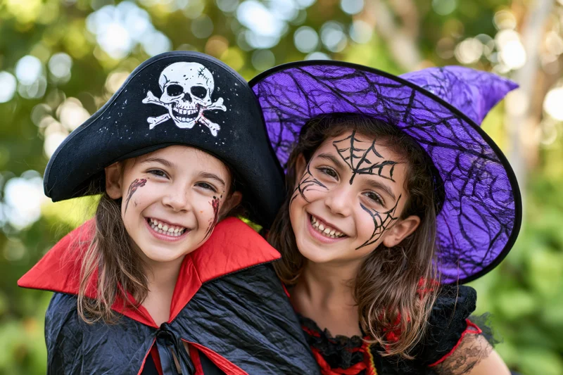 Two young girls in pirate and witch costumes smiling together outdoors