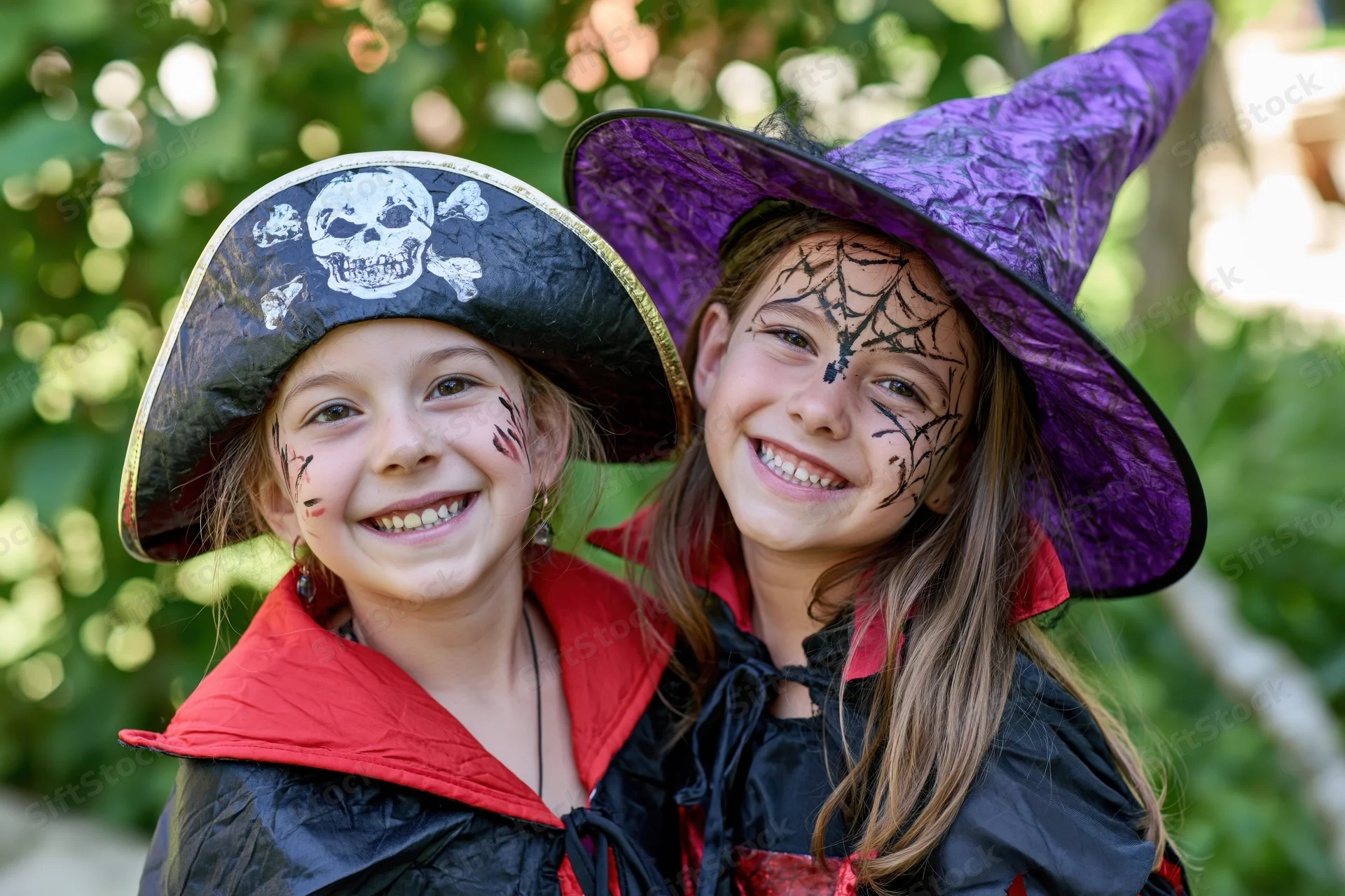 Two young girls in pirate and witch costumes smiling outdoors with face paint and hats