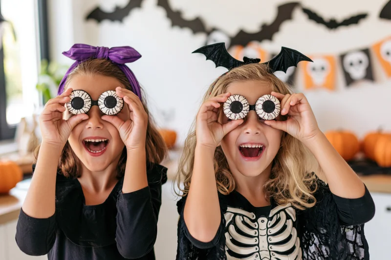 Two young girls laughing while holding plastic eyeball candies at a halloween party in a decorated home