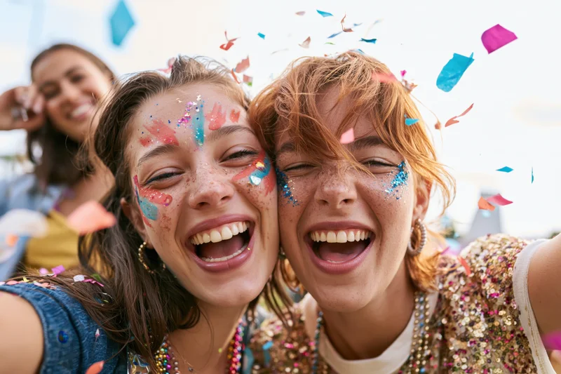 Two young women laughing and taking a selfie at an outdoor music festival with confetti falling around them