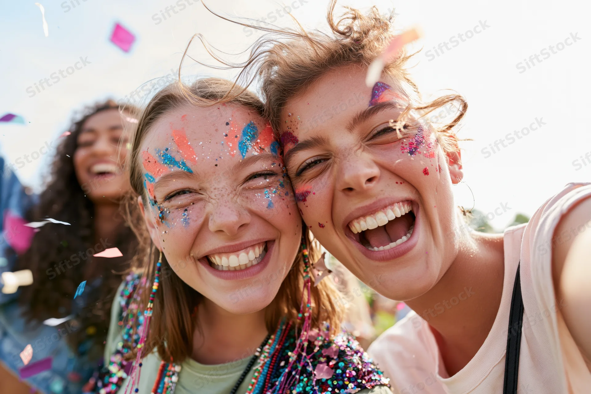 Two young women laughing and taking a selfie at an outdoor music festival with face paint and confetti