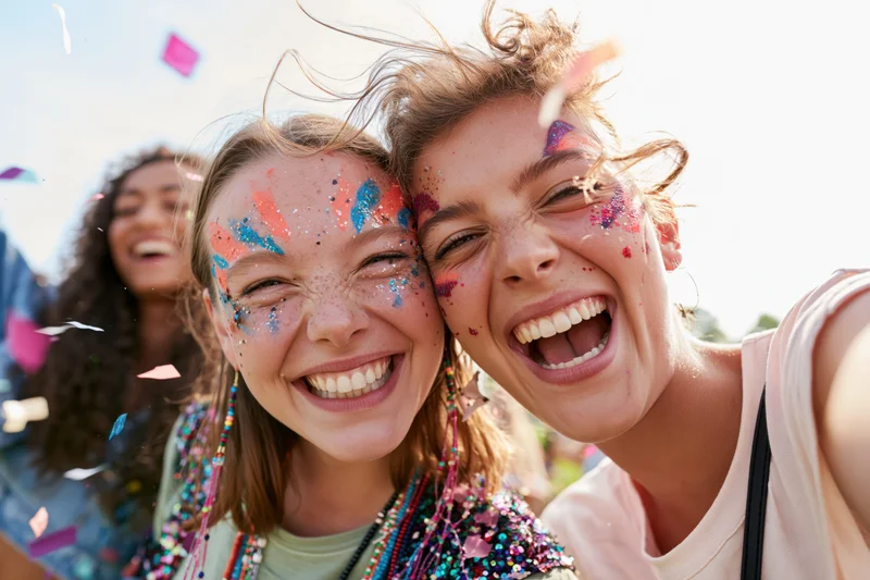 Two young women laughing and taking a selfie at an outdoor music festival with face paint and confetti