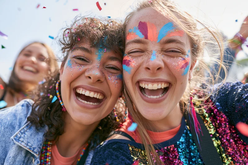 Two young women laughing and taking a selfie at an outdoor music festival with face paint and confetti
