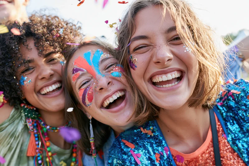 Three young women laughing with face paint and confetti at an outdoor festival