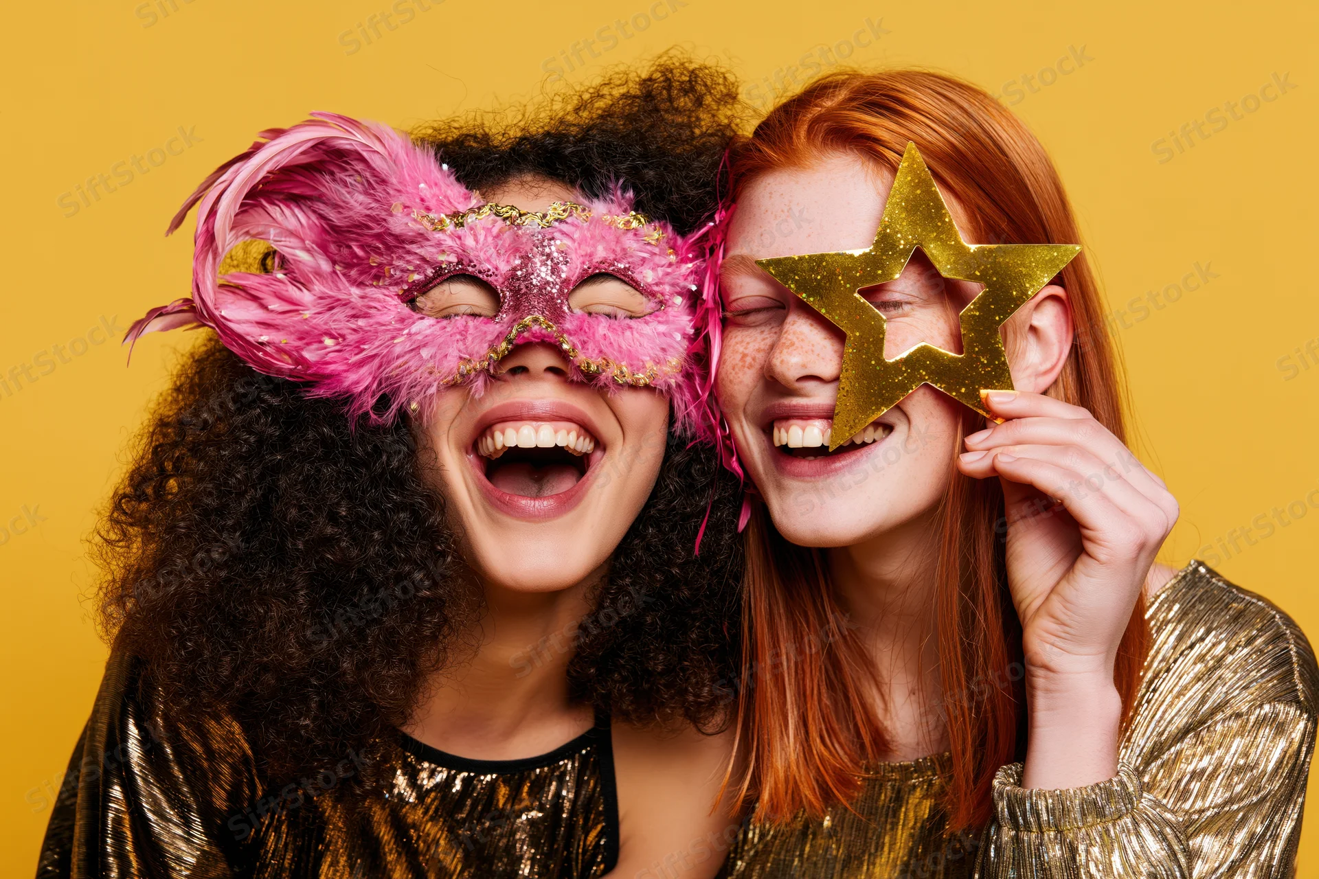 Two young women laughing together wearing carnival masquerade masks against yellow background