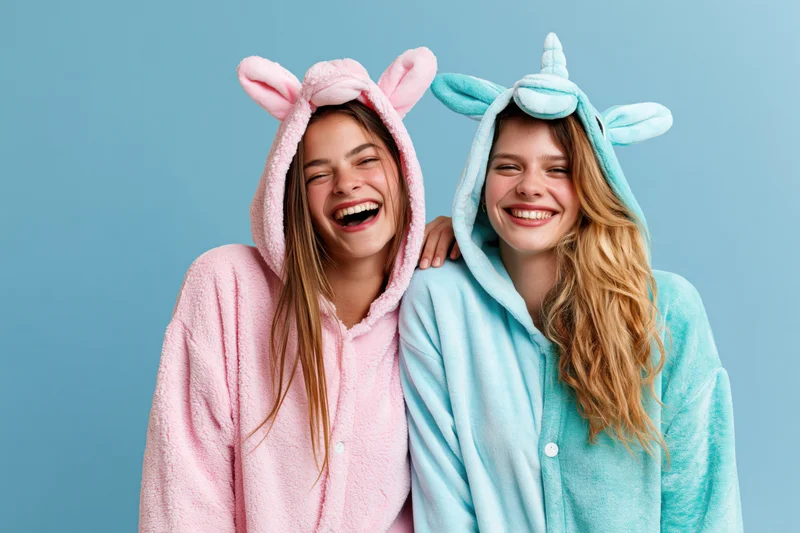 Two young women laughing together in plush unicorn and bunny onesies against a blue background