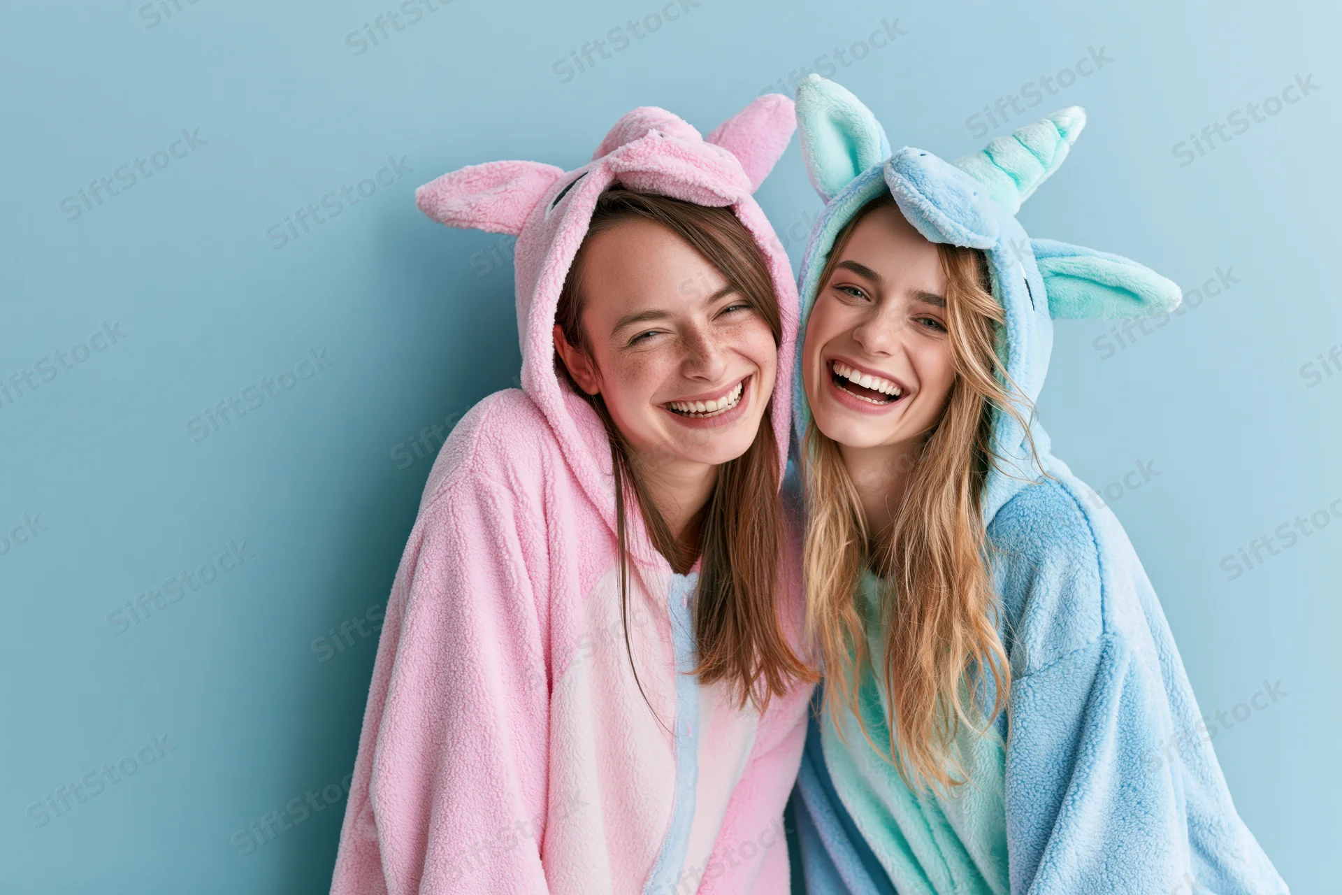 Two young women laughing together in plush unicorn onesies against a light blue background