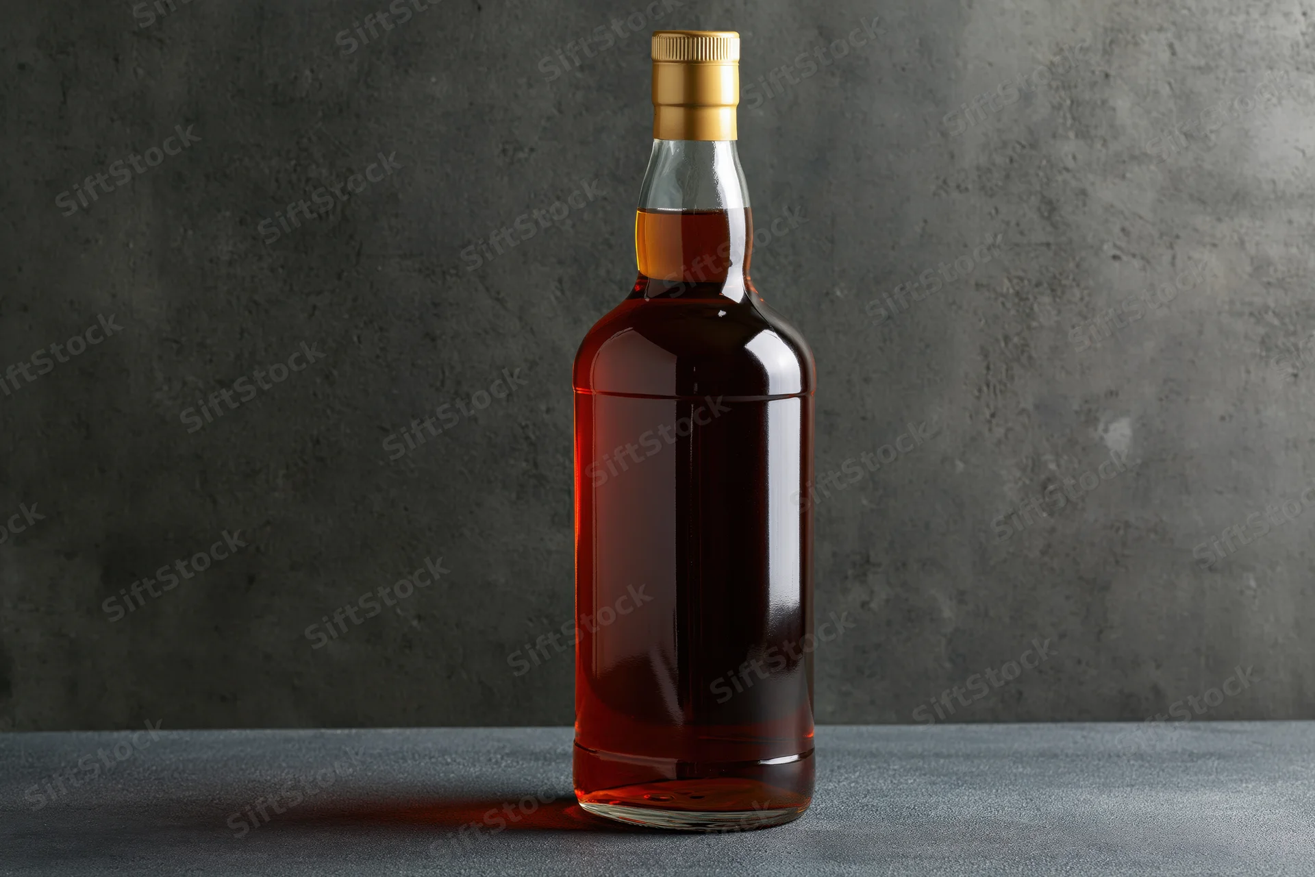 Unlabeled whiskey bottle filled with deep amber liquid standing on a dark gray surface