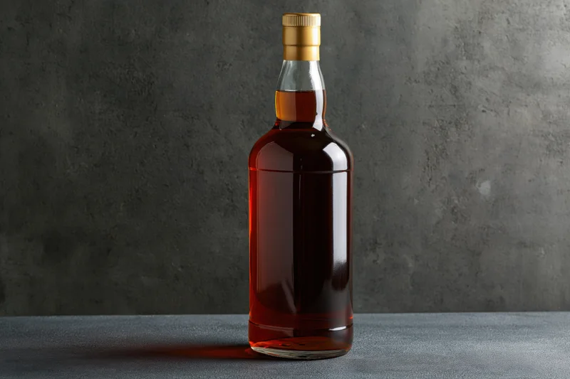 Unlabeled whiskey bottle filled with deep amber liquid standing on a dark gray surface