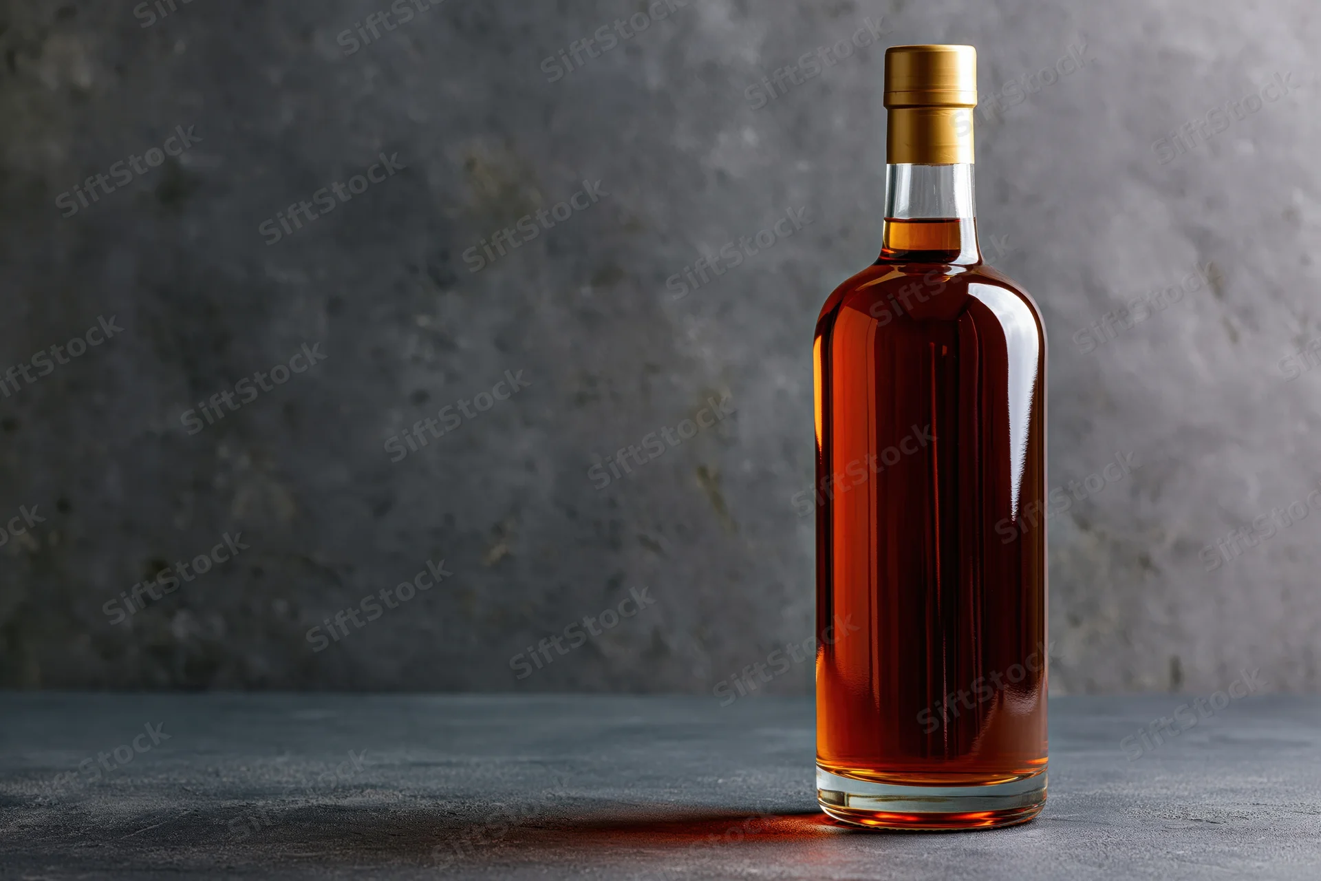 Unlabeled whiskey bottle with amber liquid on dark concrete surface