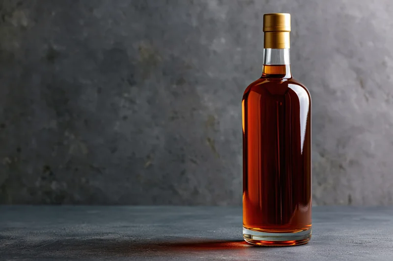 Unlabeled whiskey bottle with amber liquid on dark concrete surface