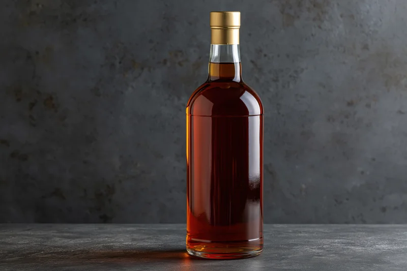 Whiskey bottle filled with amber liquid standing on a gray concrete surface