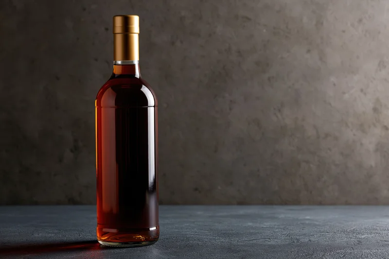 Amber liquid whiskey bottle with gold cap on dark textured surface