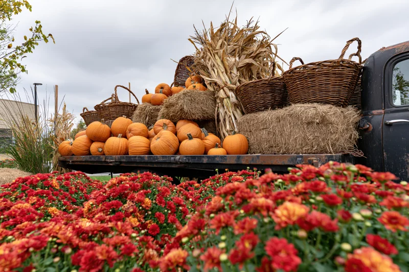 Vintage black farm truck bed loaded with pumpkins, hay, and cornstalks surrounded by red and orange chrysanthemums in a rural outdoor setting