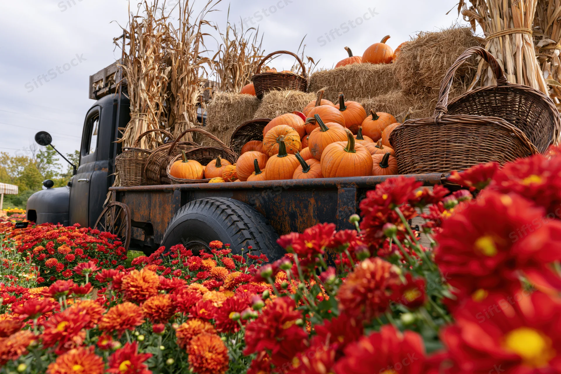Vintage black farm truck loaded with pumpkins and hay in a field of red chrysanthemums
