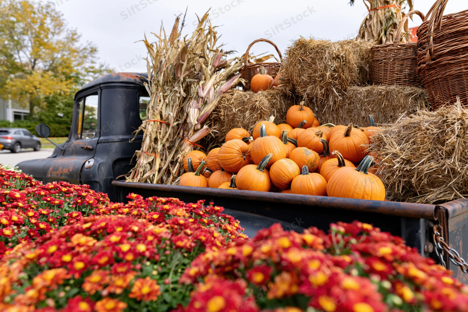 Vintage black farm truck bed loaded with pumpkins, hay, cornstalks and flowers in autumn setting