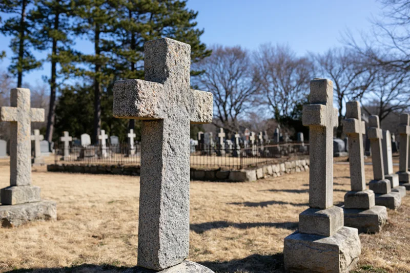 Weathered granite cross grave markers standing in rows across a cemetery field under clear sky