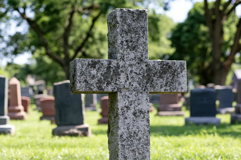 Weathered granite cross gravestone in a grassy cemetery with trees and other tombstones in the background