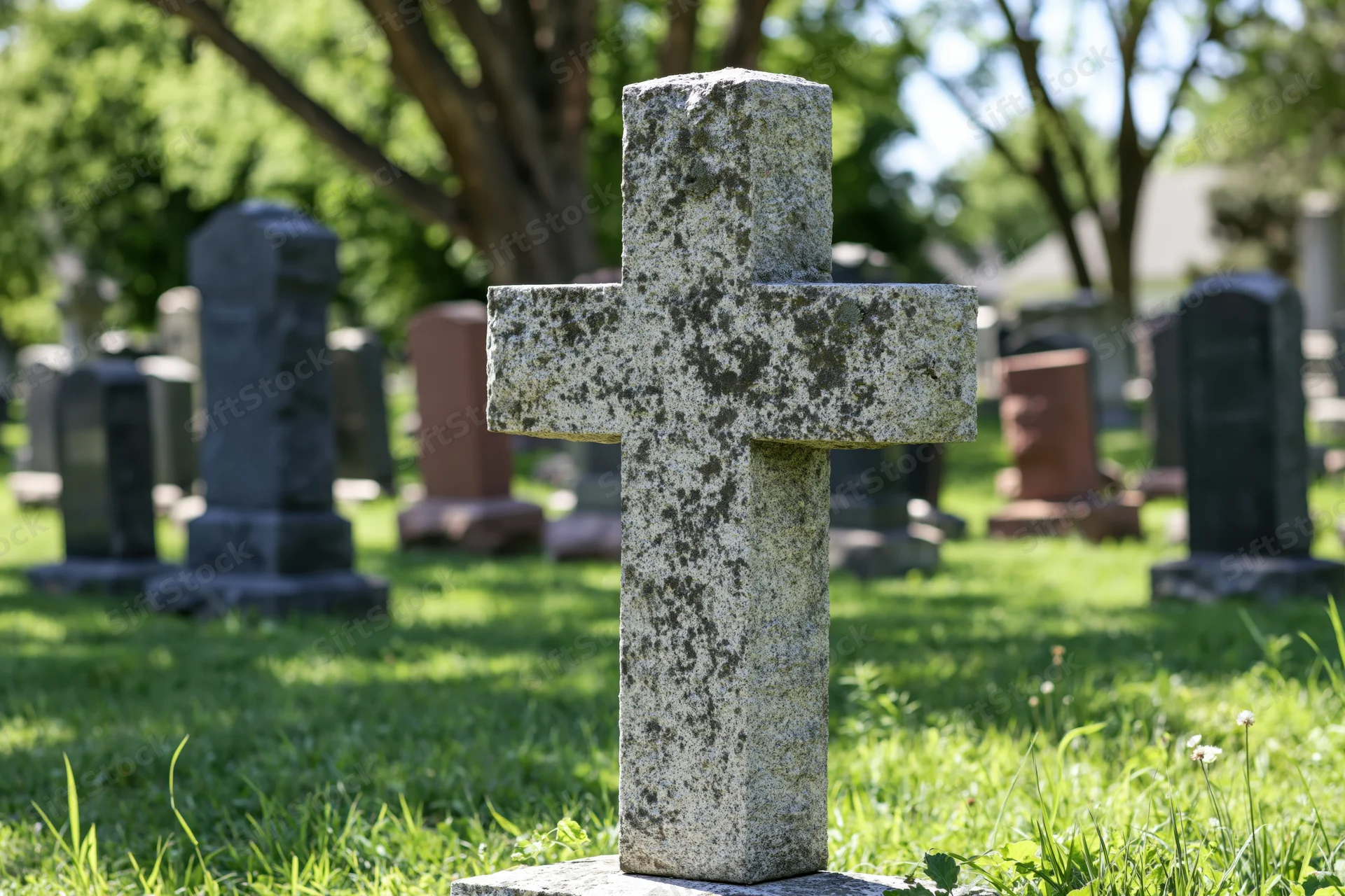Weathered granite cross gravestone in a grassy cemetery