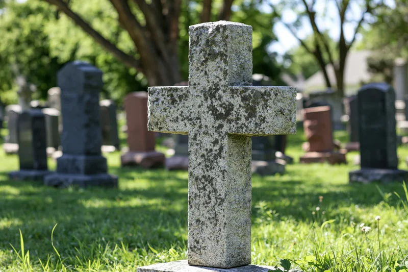 Weathered granite cross gravestone in a grassy cemetery