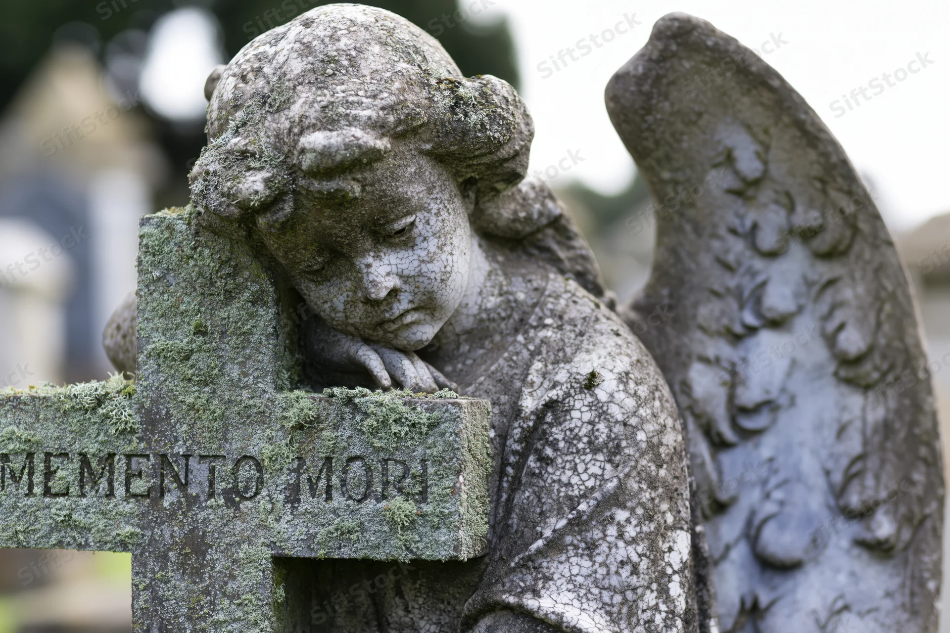 Weathered stone angel with downcast eyes leaning on a moss-covered cross in a cemetery