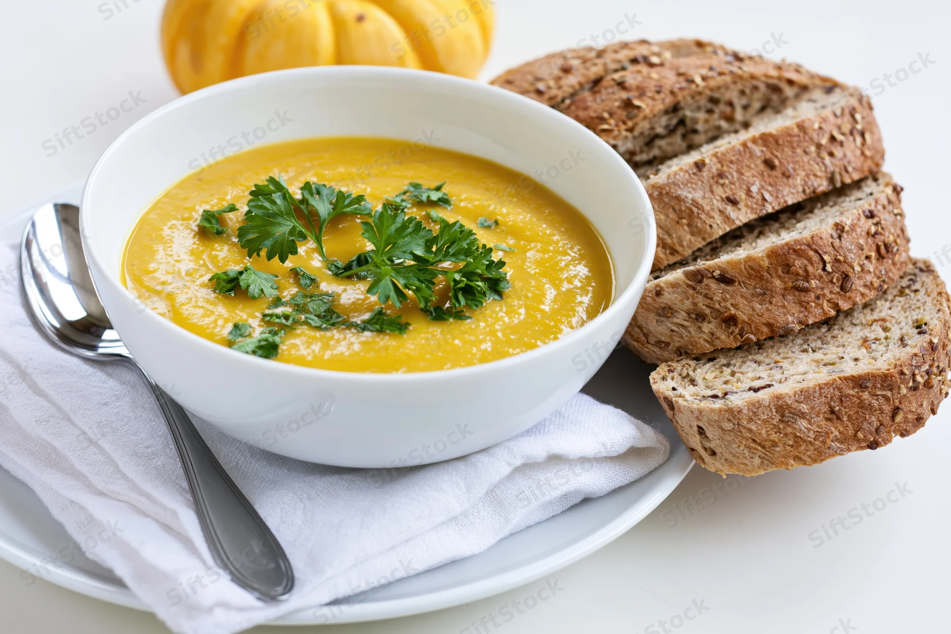 Bowl of smooth golden pumpkin soup garnished with parsley beside sliced rye bread on a white plate with spoon and napkin