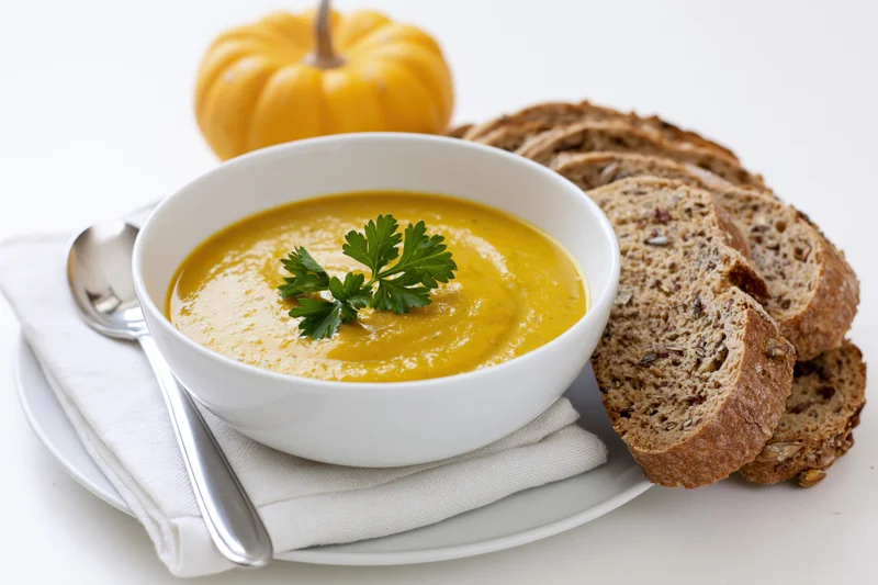 White ceramic bowl of smooth golden pumpkin soup garnished with parsley, served with sliced seeded bread on a plate with napkin and spoon, isolated on white