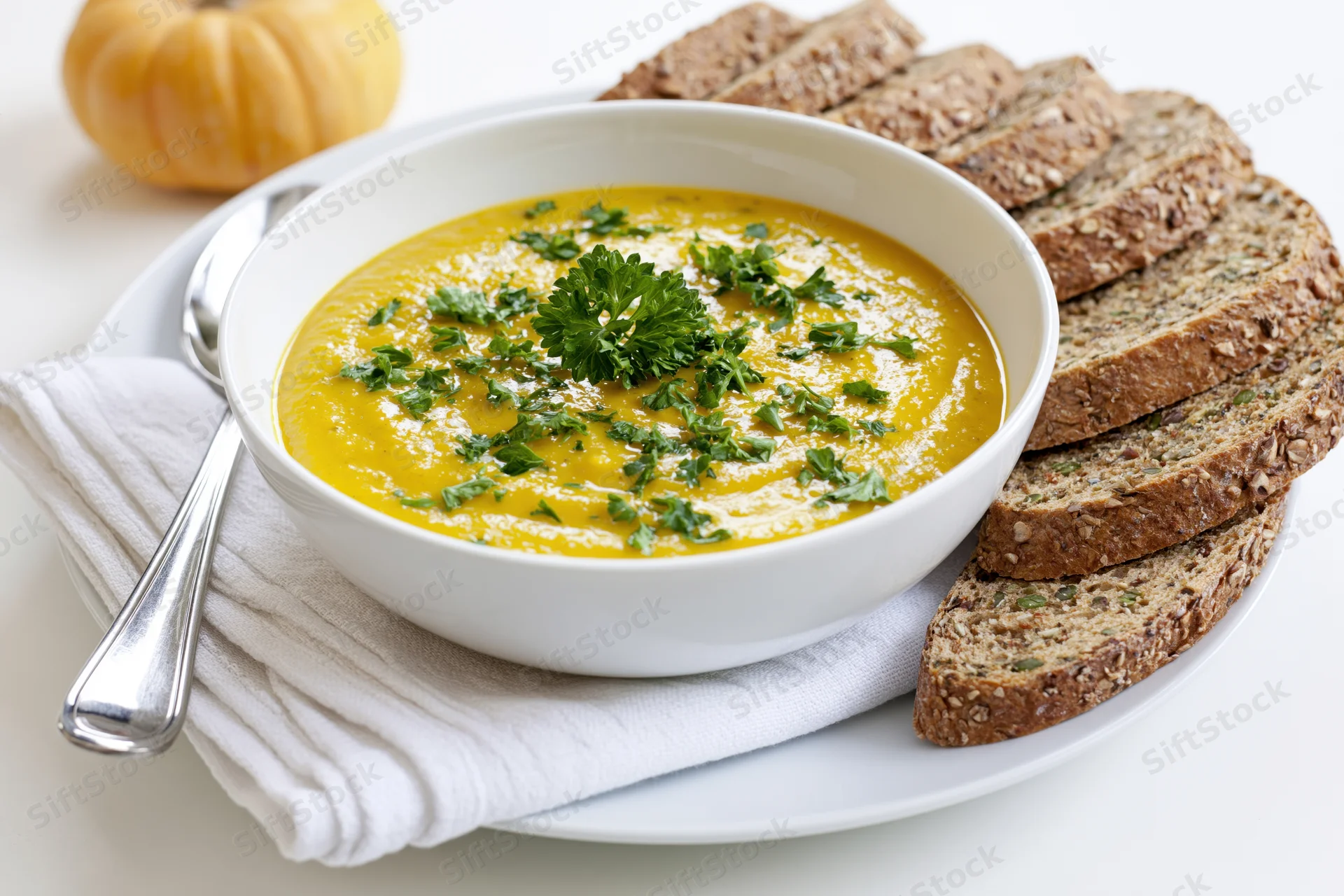 White ceramic bowl of golden pumpkin soup garnished with parsley served with sliced wholegrain bread on a plate with spoon and napkin
