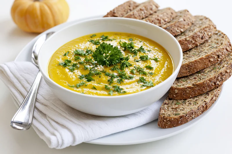 White ceramic bowl of golden pumpkin soup garnished with parsley served with sliced wholegrain bread on a plate with spoon and napkin