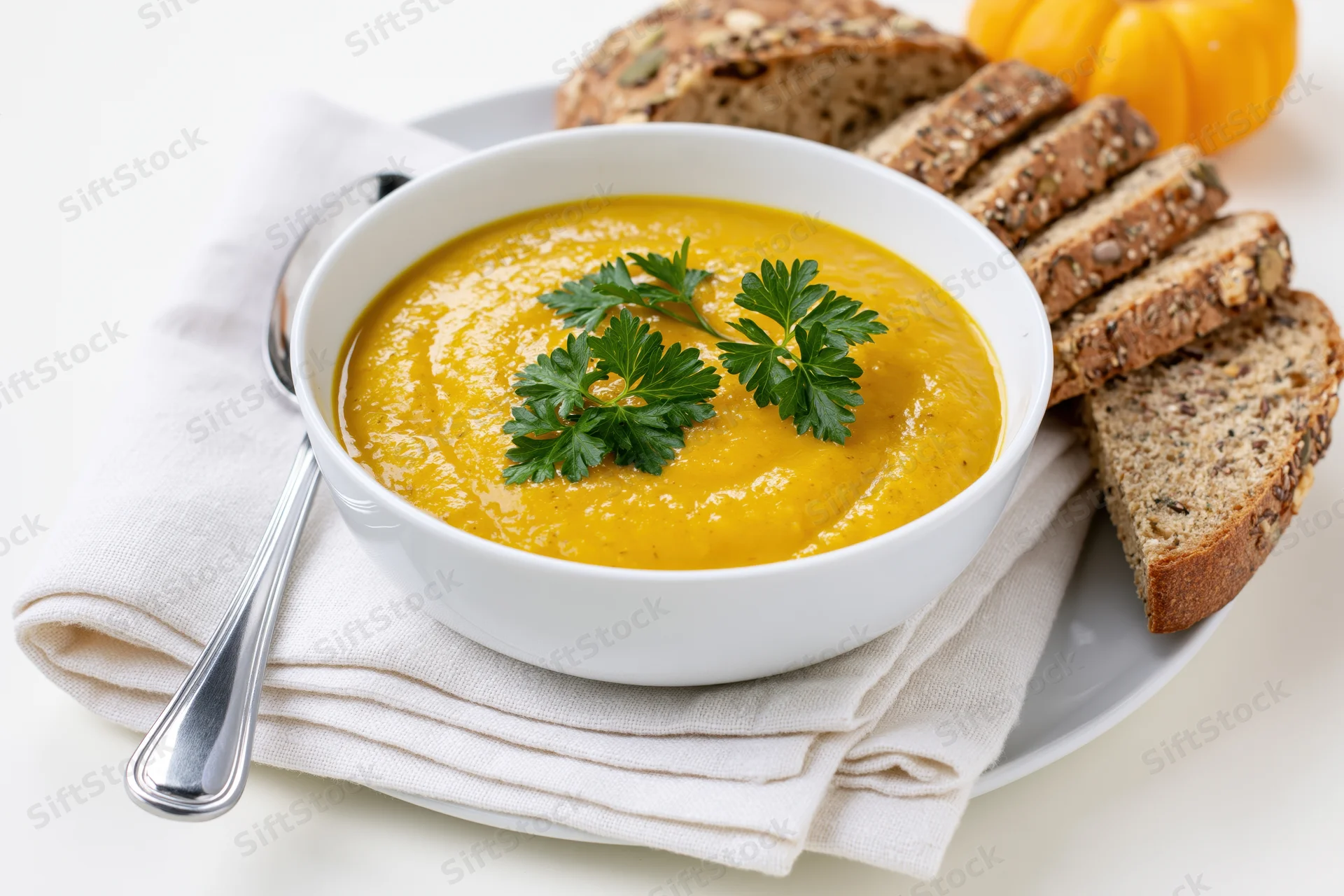 White ceramic bowl of smooth golden pumpkin soup garnished with parsley on a napkin with sliced wholegrain bread and a spoon on a plate