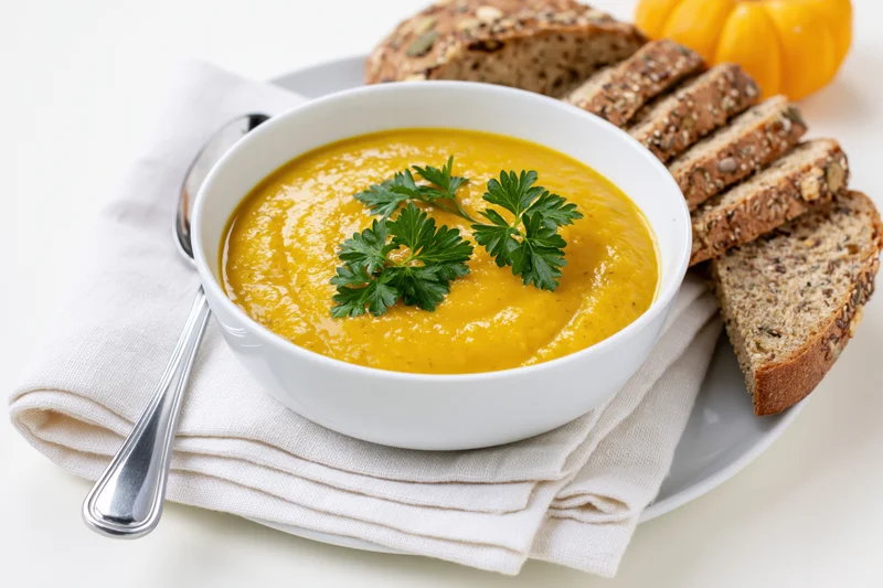 White ceramic bowl of smooth golden pumpkin soup garnished with parsley on a napkin with sliced wholegrain bread and a spoon on a plate