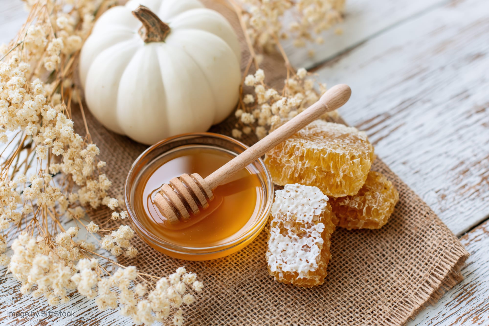 White pumpkin and honey with honeycomb and dried flowers on burlap over wooden table