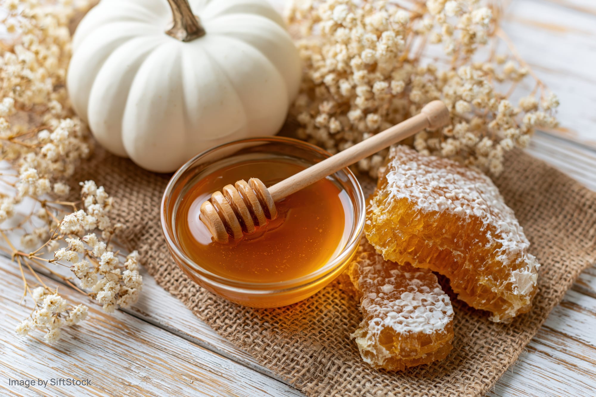 Honey in a glass bowl with a wooden dipper beside a white pumpkin and dried flowers on a burlap cloth over a wooden table