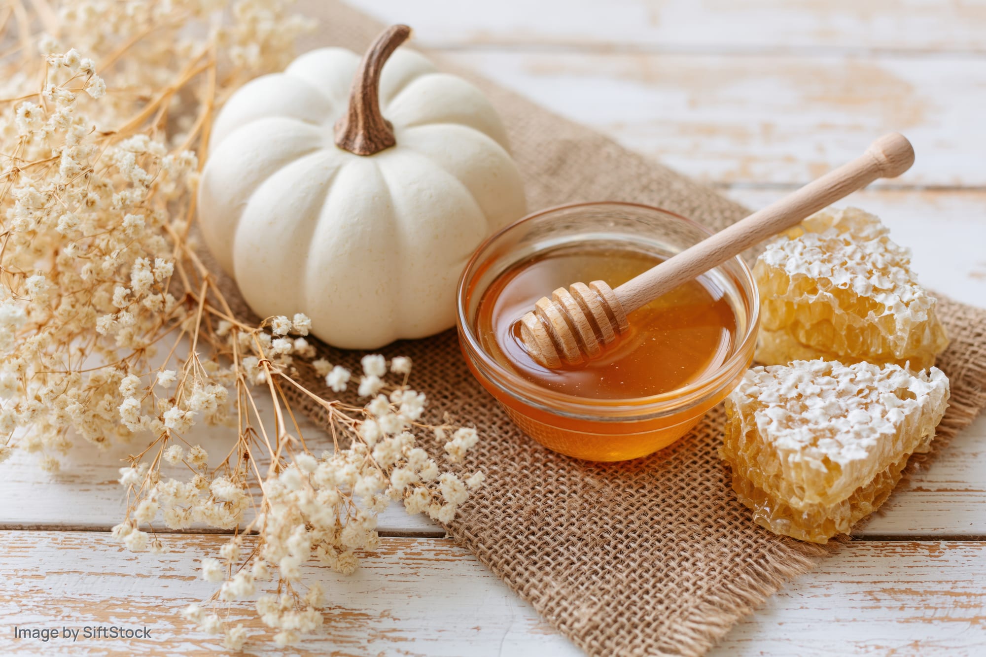 White pumpkin and honey bowl with honeycomb and dried flowers on burlap over wooden table