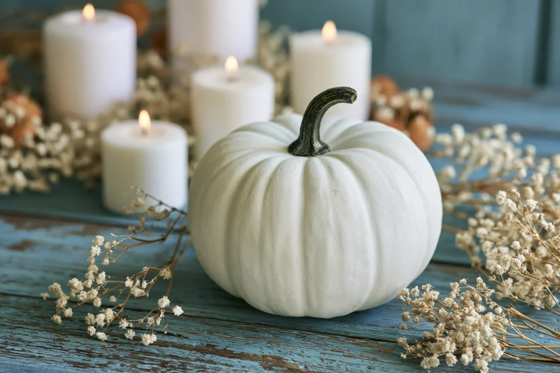 White decorative pumpkin with dark stem on blue wooden table surrounded by lit candles and dried baby's breath flowers