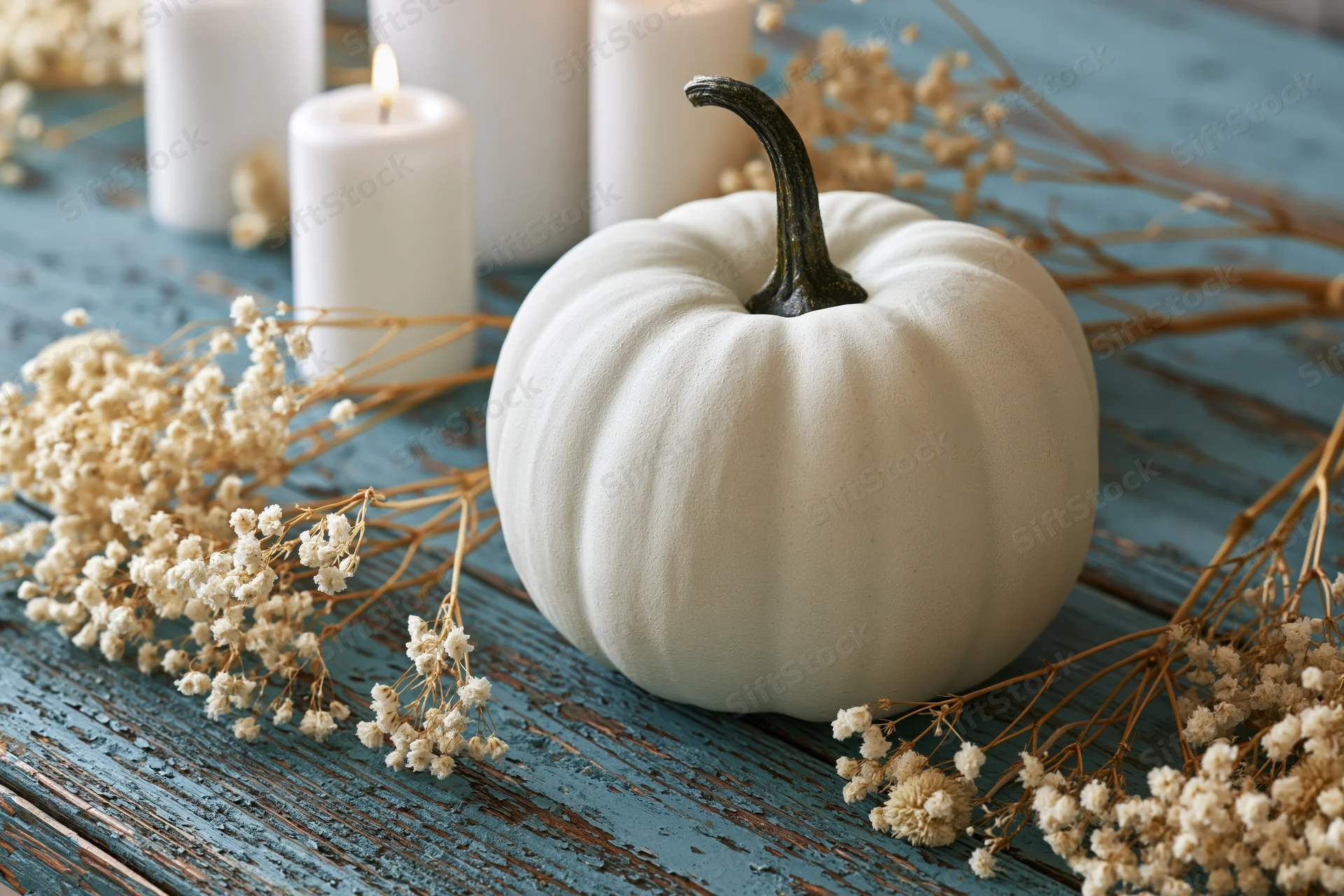 White decorative pumpkin with dark stem on weathered blue wooden table surrounded by dried baby's breath and lit candles