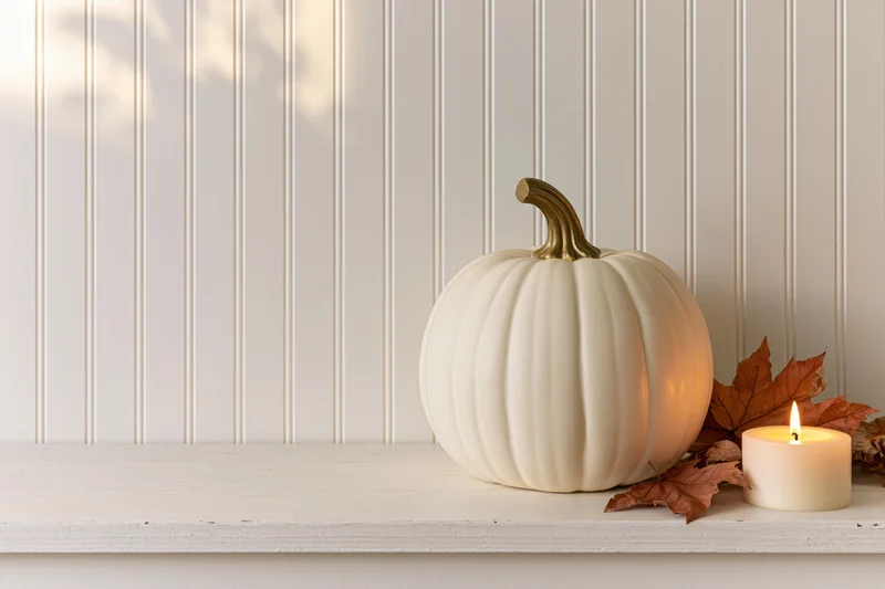 White decorative pumpkin with gold stem and lit candle on shelf beside autumn leaves