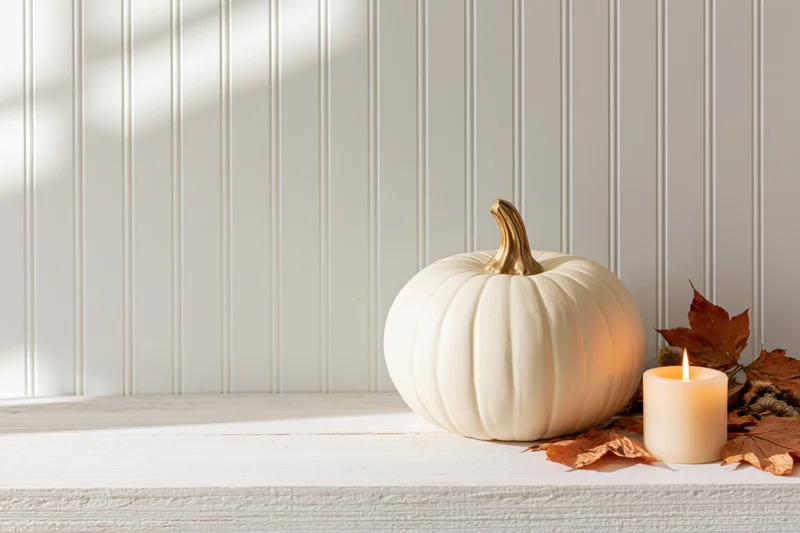 White decorative pumpkin with gold stem and lit candle on wooden shelf beside dried autumn leaves