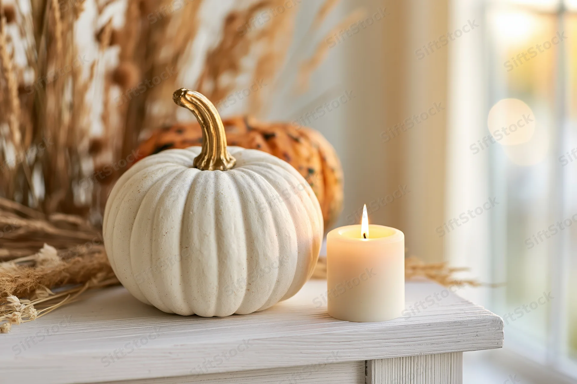 White decorative pumpkin with golden stem and lit candle on wooden table near window