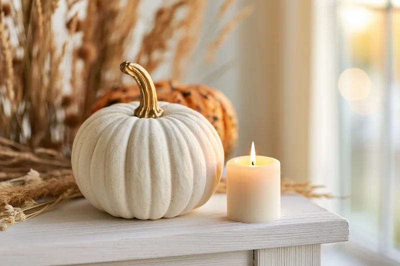 White decorative pumpkin with golden stem and lit candle on wooden table near window