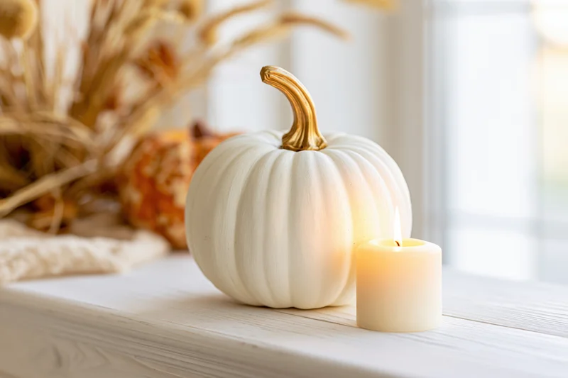 White decorative pumpkin with golden stem and lit candle on wooden table near window