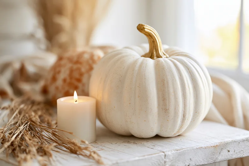 White decorative pumpkin with golden stem and lit candle on rustic wooden table