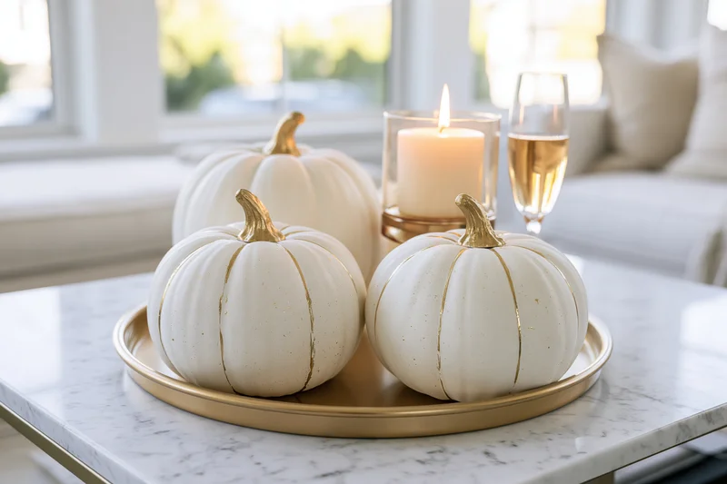 White decorative pumpkins with gold stems arranged on a gold tray on a marble table near a window with a lit candle and champagne glass