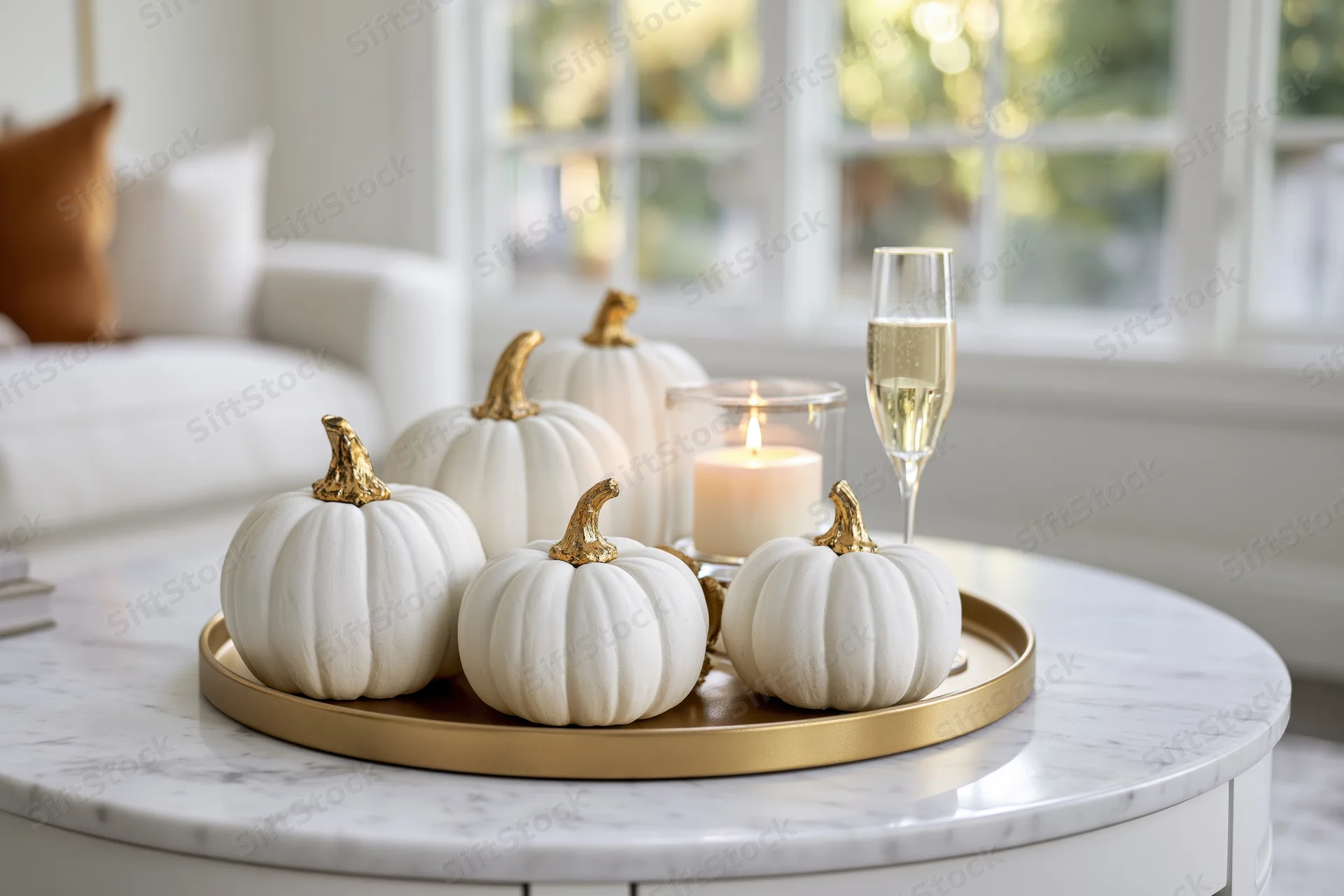 White decorative pumpkins with gold stems arranged on a gold tray with a candle and champagne glass on a marble table in a living room