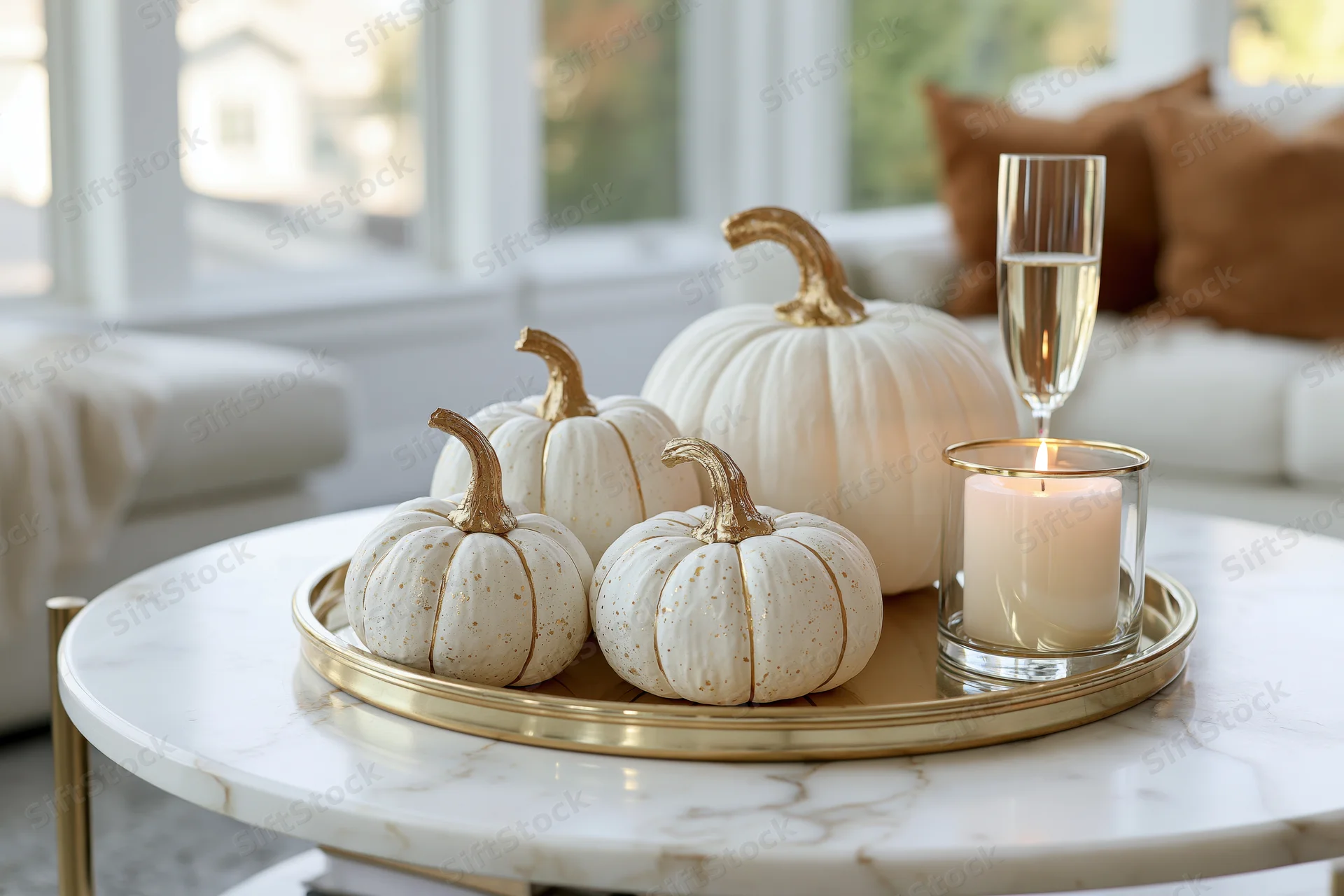 White decorative pumpkins with gold stems arranged on a gold tray with a candle and champagne flute on a marble coffee table in a living room