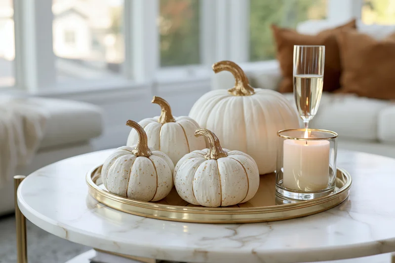 White decorative pumpkins with gold stems arranged on a gold tray with a candle and champagne flute on a marble coffee table in a living room