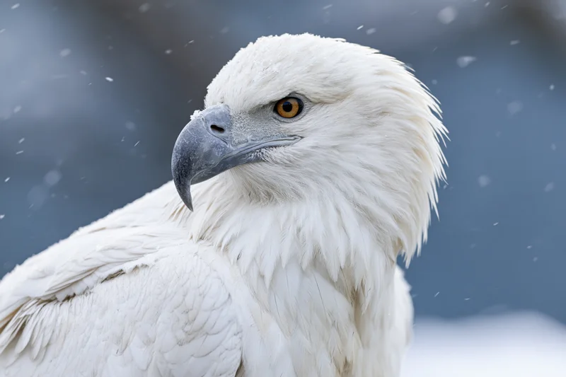 White eagle in close-up portrait with head turned slightly in snowfall