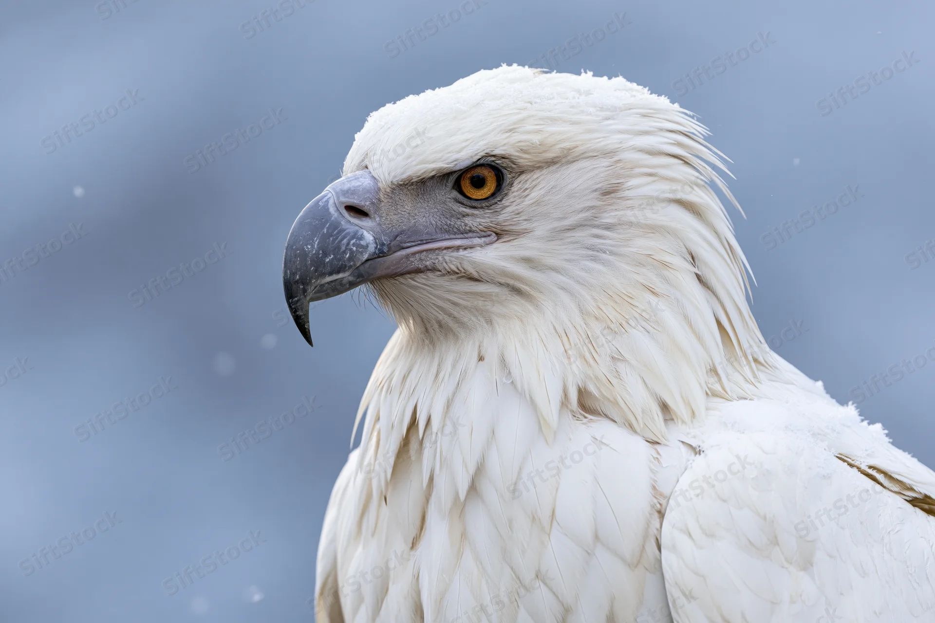 White eagle in close-up profile view against a snowy blue sky
